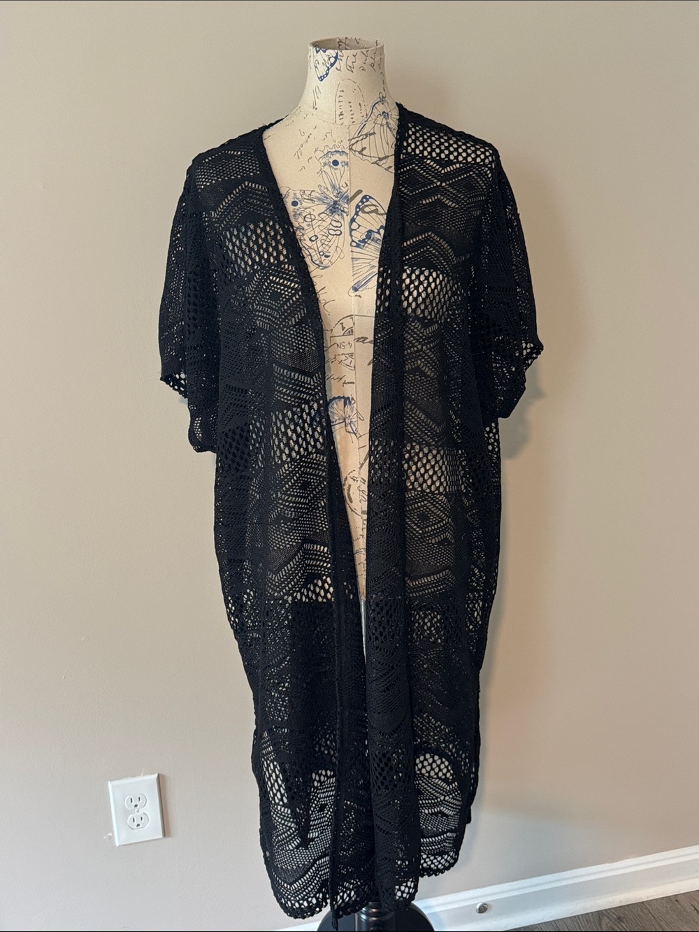Black Crochet Open-Front Duster